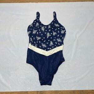 Vintage Navy Floral One-Piece Swimsuit with White Waist Accent